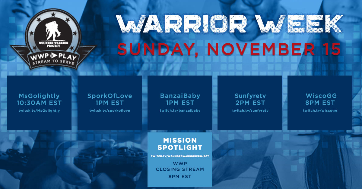 wwp's tweet photo. It's the FINAL day of #WarriorWeek! Here are today's featured streamers. Tune in to the WWP Play Twitch channel to watch the live stream. 🎮 
Help support wounded veterans this weekend ➡️ https://t.co/zuXUHxbzRn
#WWPPlay #StreamToServe https://t.co/Y6tgQ9oVci