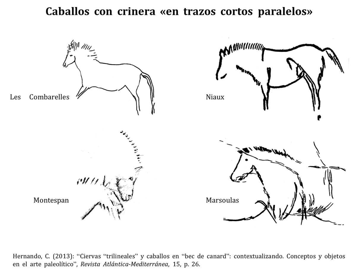 La crinera es un rasgo anatómico diferenciador del caballo. Pueden ser en «escalón» (Premagdaleniense); en sucesión de líneas (Mag. medio); y con doble línea (Mag. superior)