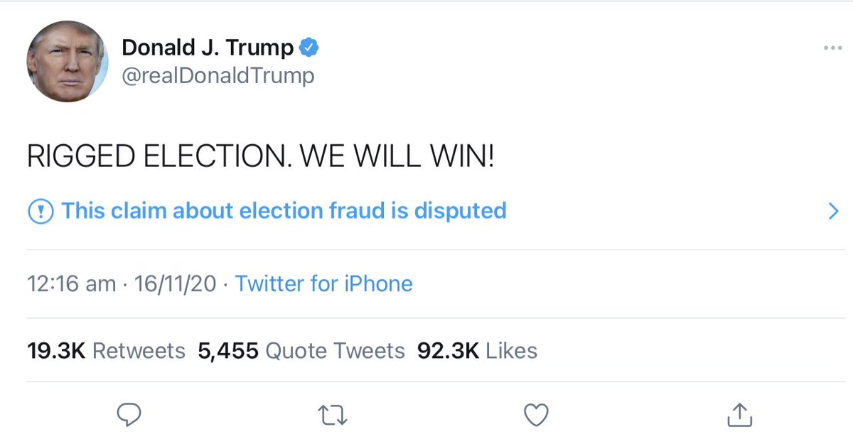 Twitter, please remove this warning. This tweet is not about the current election outcome. Trump is simply stating that in order to win this, or the next election, they will only win if it’s rigged.