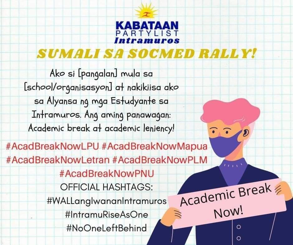 SpamLANCEEEE's tweet photo. Ako si Lance Tulabot ng LPU Manila, at nakikiisa ako sa Alyansa ng mga Estudyanteng Intramuros. Ang aming panawagan: Academic break, academic leniency, at calendar adjustment!
#WalangIwananLycean
#NoLyceanLeftBehind
#IntramuRiseAsOne
#WALLangiwanan https://t.co/wwtMrvuif5