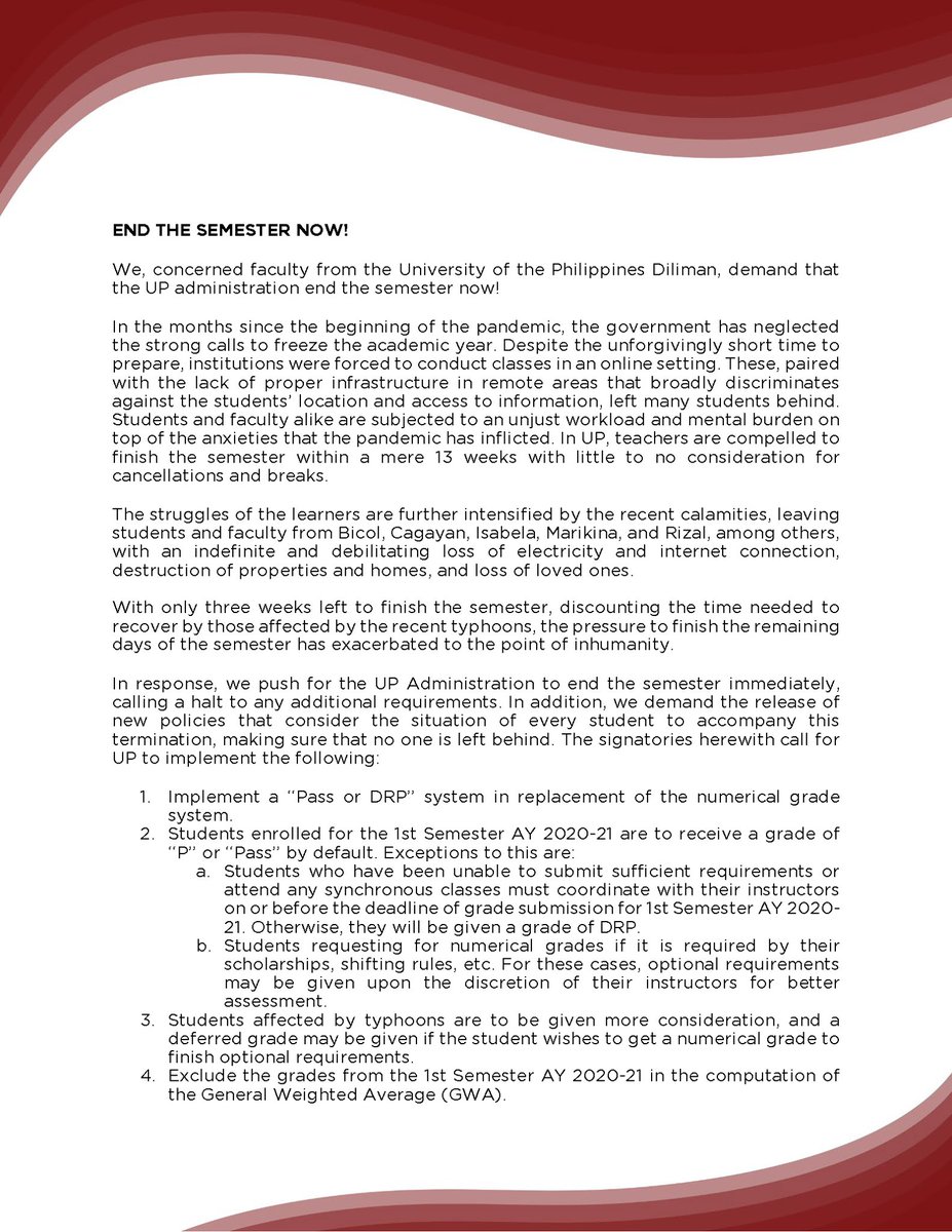 phkule's tweet photo. LOOK: At least 130 UP faculty members sign a petition to immediately end the sem and implement a “Pass or DRP” grading instead of a numerical grade system.

📸 @R4EDiliman https://t.co/O7MSKzZUo3