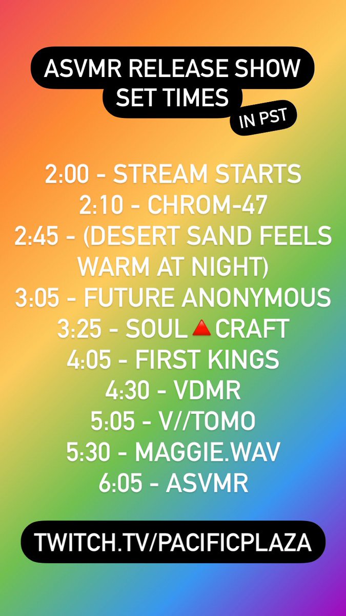PacificPlazaRec's tweet photo. Set times for our show this afternoon!! 9 sets from collaborators on the new @VCR_SHINIGAMI album:
@DanOfNoStand @desertsandvapor @acid_future @SoulCraft23 @Quicksand_T @__VDMR__ @maggiedottxt @veetomo
https://t.co/xvFAbKbJVr at 2pm PST (5pm EST) https://t.co/t9GYMOo6AX