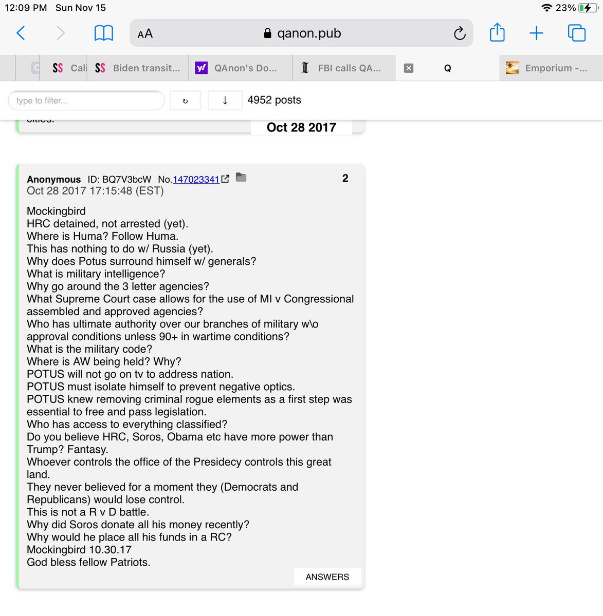 Here are the first two posts attributed to Q, as they appear on a website I am not allowed to link you to because you might be harmed.It is a searchable catalogue of every post. That it even exists is a testament to the skills and dedication of the people within the movement.