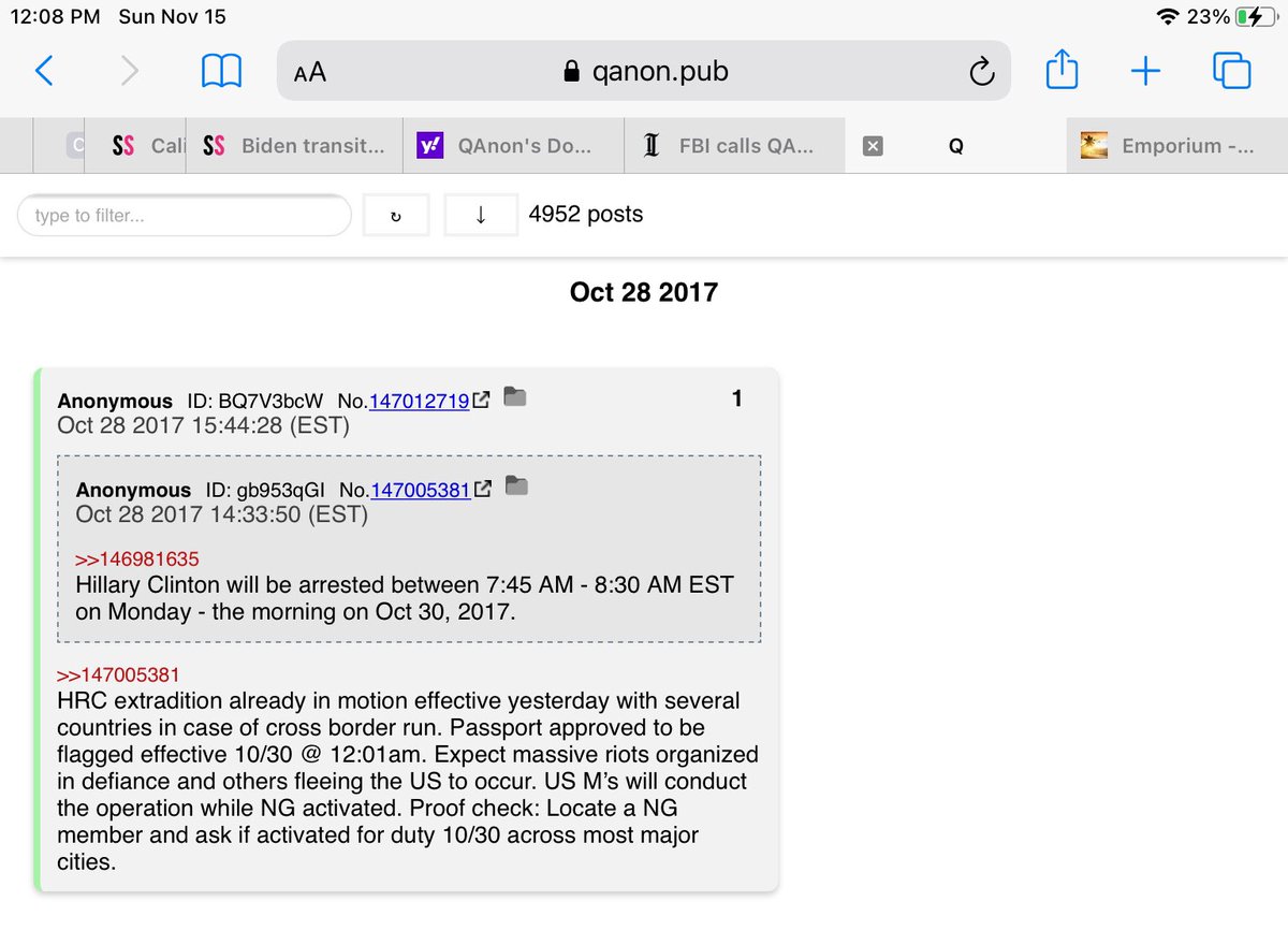 Here are the first two posts attributed to Q, as they appear on a website I am not allowed to link you to because you might be harmed.It is a searchable catalogue of every post. That it even exists is a testament to the skills and dedication of the people within the movement.