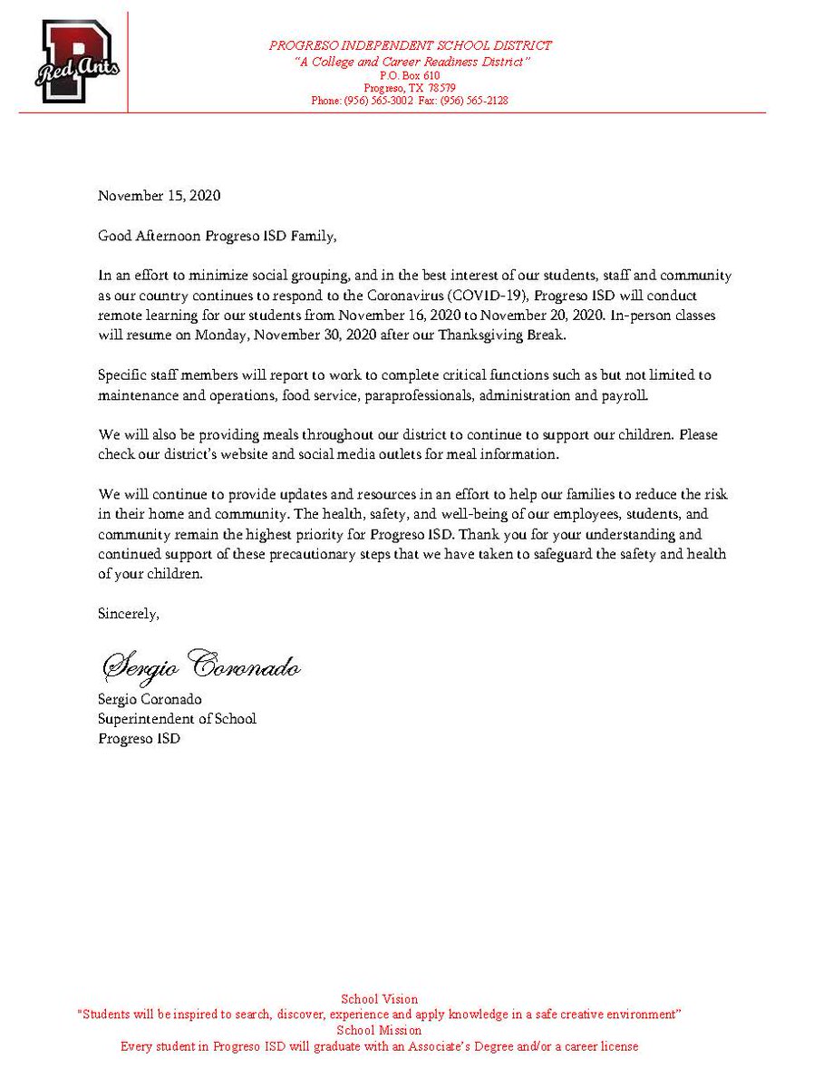 ProgresoHS's tweet image. Please read the attached statement by Progreso ISD's Superintendent, Mr. Sergio Coronado:
