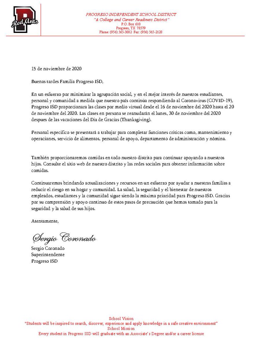 ProgresoHS's tweet image. Please read the attached statement by Progreso ISD's Superintendent, Mr. Sergio Coronado: