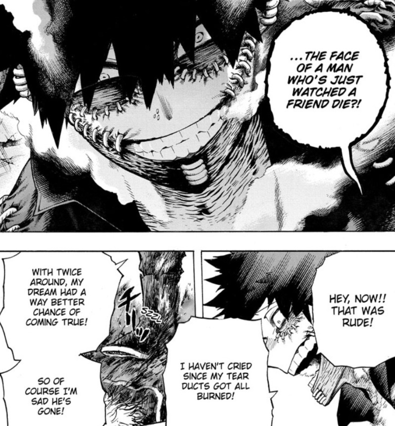 Did Dabi genuinely try to save Twice, or was that all for show? I lean towards the latter.Maybe he holds back a little, and he has a camera ready to catch Hawks doing some murderin'. Once that's done, Hawks has served his purpose, and he would've been roasted if not for Tokoyami