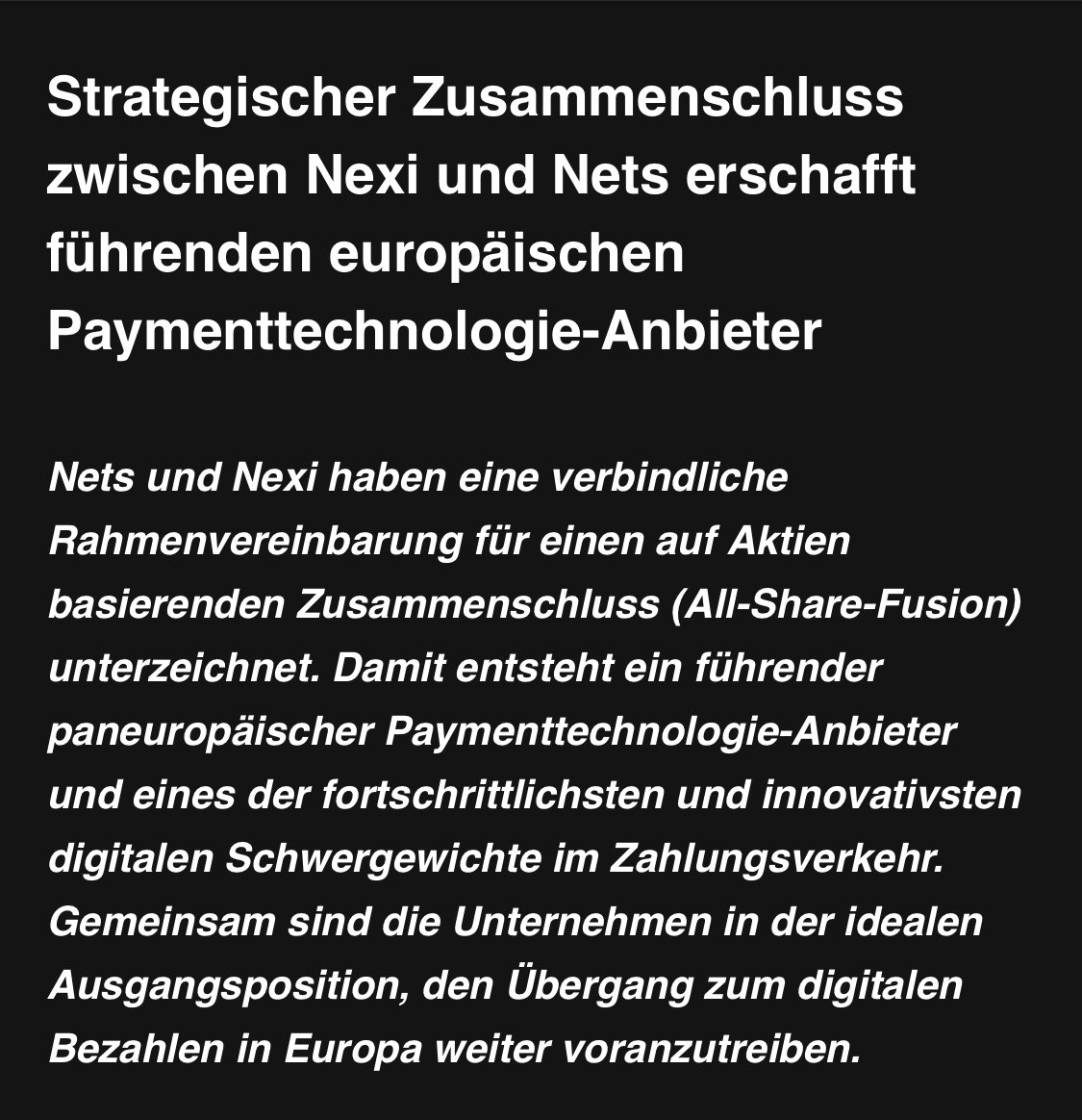 jochensiegert's tweet photo. #Payment-Kracher am Abend! @netsgroup (die haben die ehem @ConcardisDE übernommen) hat eine Fusionsvereinnarung mit  Nexi geschlossen. Konsolidierung im #payment geht voran! https://t.co/OuLGPTuMuG