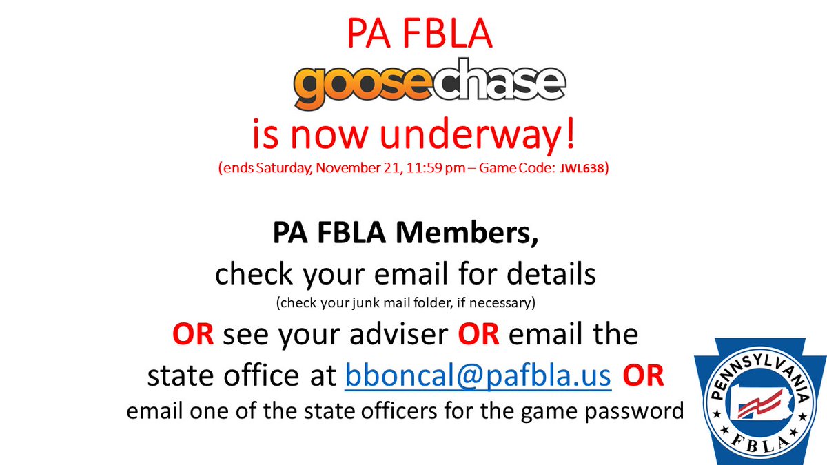 pafbla's tweet photo. Let the PA FBLA VLE GooseChase Begin!  The chase is on now through Saturday, November 21, by 11:59 pm.  Check your email inbox for complete details (check your junk mail folder, if necessary). https://t.co/xGCkzrya6i