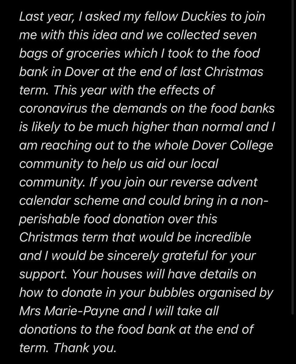 DovColStMartins's tweet photo. What a fantastic initiative from Alicia❗️The whole @DoverCollege and @DoverPrep community will work together to collect as many items as possible for the reverse advent calendar in order to help @TrussellTrust to support people in crisis. #WeCanDoThis 💪🏼 https://t.co/P6ZMSKGFFl