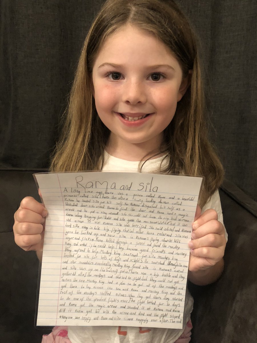 TheaAchillea's tweet photo. Here is the piece of work I wrote completely independently after researching the story of #RamaAndSita on @bbcbitesize. Mummy and Daddy are very proud and they didn’t know what I was up to for hours! #Diwali #Diwali2020 #CelebrateCulture #TidyWork #ImOnly6 @SallyKingAgency https://t.co/MTy73kY24d