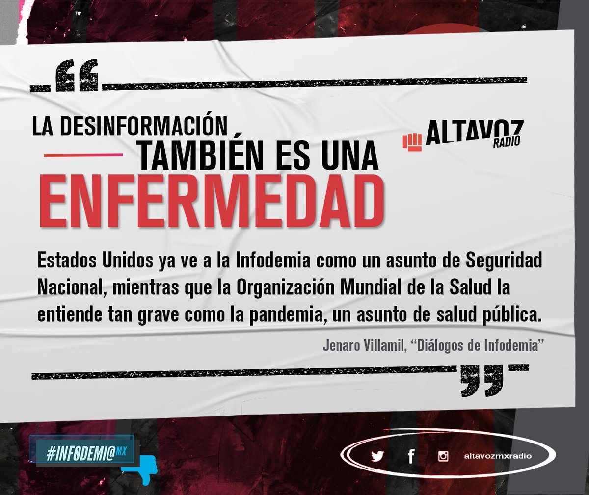 altavozmxradio's tweet photo. La desinformación en los espacios digitales tiene la facultad de crear daño en el mundo real: falsos remedios, discurso de odio o polarización que termina en violencia.

Corta la transmisión viendo @infodemiaMex
🗓Lunes y Jueves
⏰6:00pm
💻 https://t.co/hFaA8erC9I https://t.co/qO8sI533QH