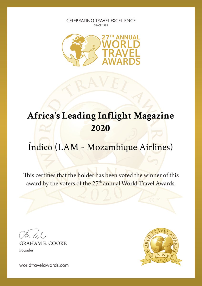 IndicoRevista's tweet photo. Este certificado enche-nos de orgulho. A Índico, Revista de bordo da LAM, foi considerada pelos @WorldTravel Awards como a melhor Revista de Bordo de África e nós queremos certificarmo-nos de que partilhamos este prémio consigo. Obrigado pelo seu voto.

https://t.co/uKusa42RkM https://t.co/H23zaeByXU