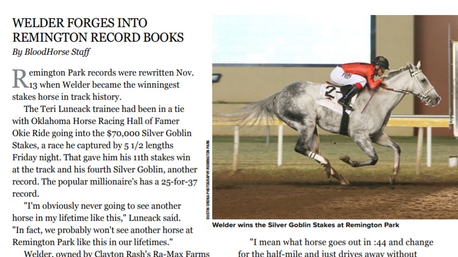 BloodHorse's tweet photo. #BHDaily Spotlight: Welder Forges into Remington Record Books

"I'm obviously never going to see another horse in my lifetime like this. In fact, we probably won't see another horse at Remington Park like this in our lifetimes."
-Teri Luneack

Read more → https://t.co/7lDXPQroNt https://t.co/n0y99ZW35F