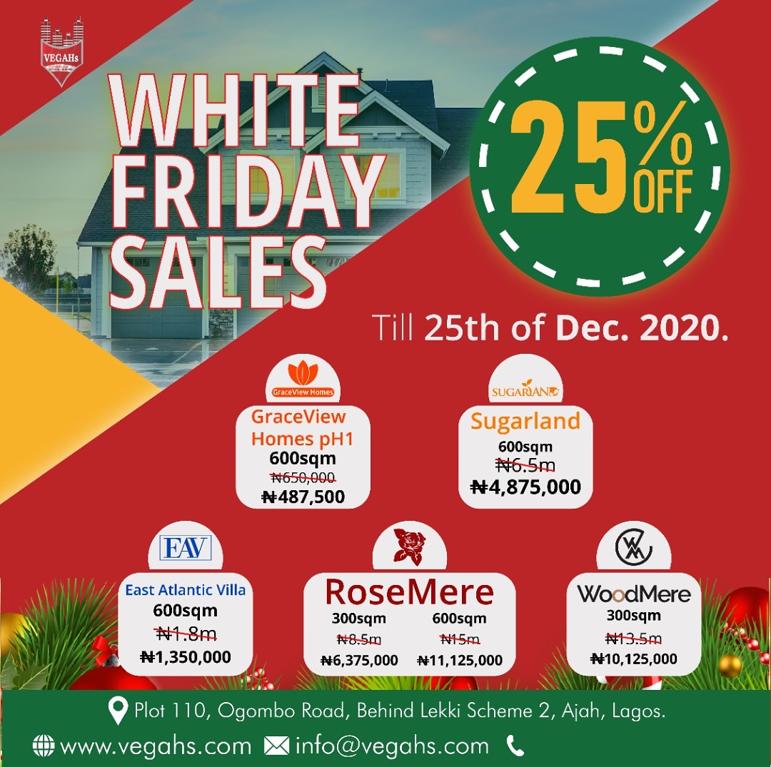 hony8800's tweet photo. You can also take advantage of our ongoing 'White Friday's sales of 25% discount on some of our land. 

Offer lasts till 25th December, 2020

#Vegahs #WhiteFridayOffer #Christmas #November #December25 #RoseMere #GraveView #WoodMere #Sugarland #EastAtlanticVilla #Lagos #island https://t.co/uwPdOkMGAM