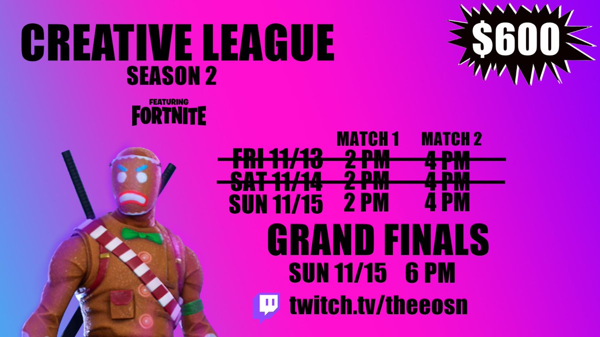 TheEOSN's tweet photo. DAY 3 | $600 #CreativeLeague Season 2 feat. @FortniteGame
Match 1
-#TeamWon vs #PermaFrost @ 2pm PST
Match 2
-#FaithArmy vs #AltF4 @ 4pm PST
Grand Finals
-1 Team from Division 1 & Division 2 will face off here @ 6pm PST
https://t.co/gSYsOUoqX7
#Fortnite #FortniteCreative https://t.co/bfWYg0U3t3
