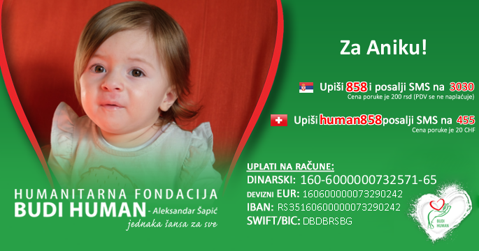 E, aj da spasemo dete.

Ako bar 20 vas u naredna 24h pomogne Aniki SMSom 858 na 3030, uplaćujem 5.000 na račun sutra u 21h.
Ako to uradi vas bar 50, plaćam 10.000 na račun sutra u 21h.

Snepšote SMS-a stavite u odgovor ovo tvita, da se vidi vreme slanja.

GO!
