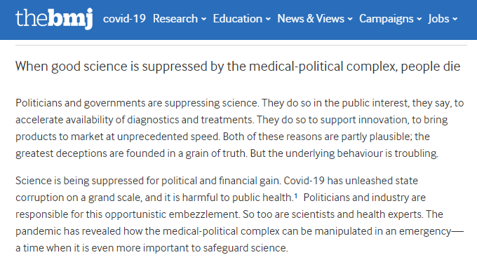 BREAKING NEWS: Critical and truthful editorial published in a leading medical journal !

"Science is being suppressed for political and financial gain. Covid-19 has unleashed state corruption on a grand scale..."

bmj.com/content/371/bm…