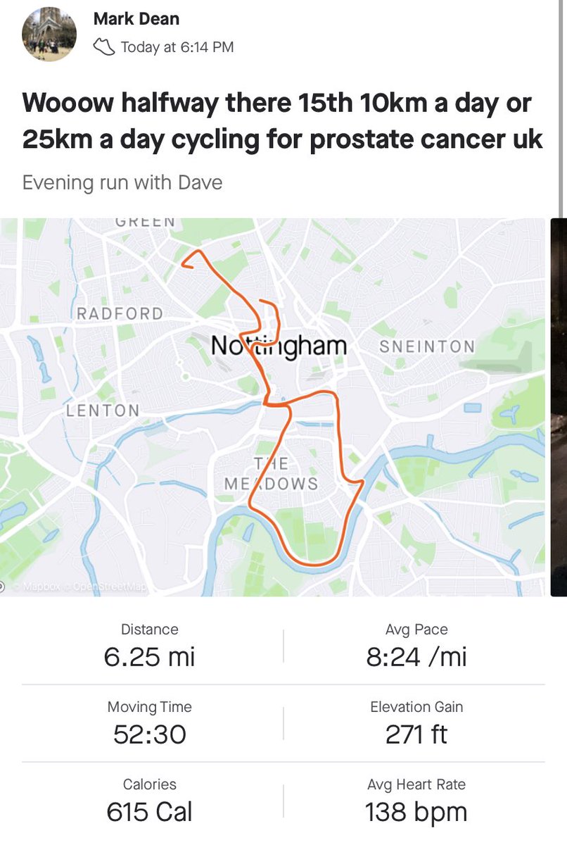Woowww we’re half way there 🎶 <a href="/ProstateUK/">Prostate Cancer UK</a> <a href="/prostateunited/">Prostate United</a> 15/30. 
<a href="/NFFC/">Nottingham Forest</a> <a href="/NFFCAcademy/">Nottingham Forest Academy</a> <a href="/AndyReidXI/">Andy Reid</a> 

justgiving.com/fundraising/ma…

#running #challenge #prostatecanceruk #prostateunited #nffc