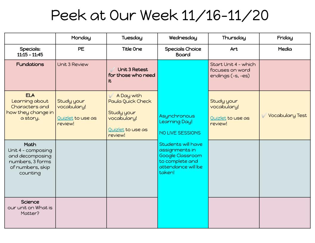 tlhickman06's tweet photo. Take a peek at our week! @FCSBES #secondgraderocks #learningisessential https://t.co/nvLN1F0145