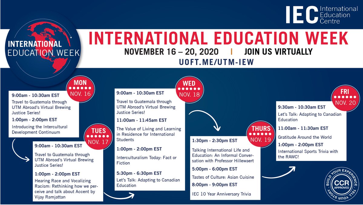 UTM's tweet photo. International Education Week 🌐 📖 

Join @UTMIEC in celebrating diversity, culture, and international education at UTM! 

From Nov. 16  –  20, the IEC along with others will be talking about all things global! 

To learn more and register, please visit > https://t.co/VMkGwD5XlM https://t.co/aMDg2qSp62