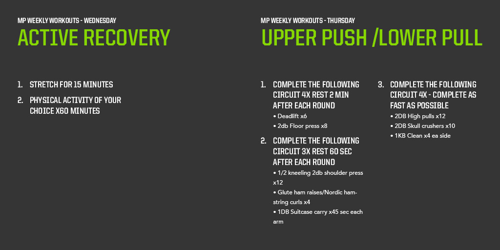 MusclePharm's tweet photo. Which #MPweeklyworkout day are you looking forward to? Weekly workout designed by our very own MP Coach @mattblank923. Don't forget to let your workout partner know by tagging them below! 💪 https://t.co/VuWAFtvJth