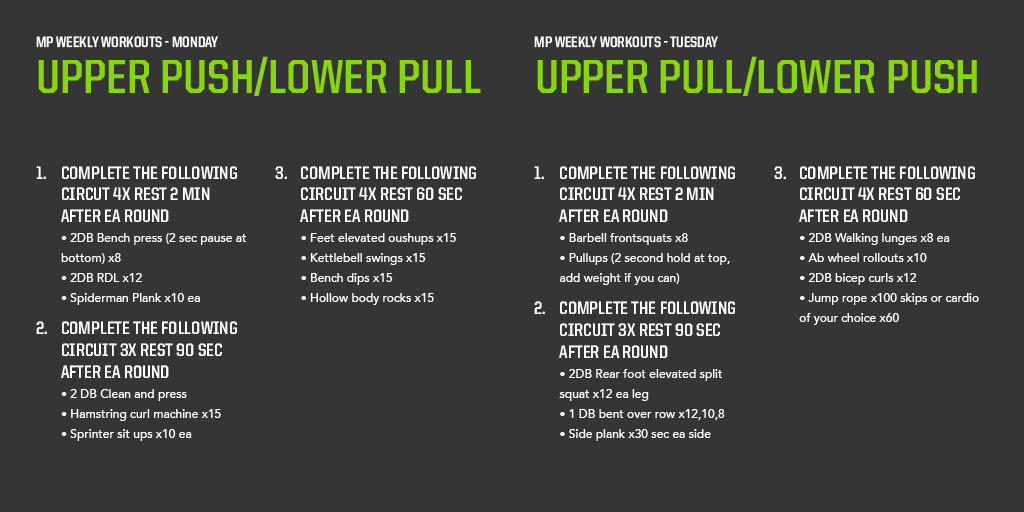 MusclePharm's tweet photo. Which #MPweeklyworkout day are you looking forward to? Weekly workout designed by our very own MP Coach @mattblank923. Don't forget to let your workout partner know by tagging them below! 💪 https://t.co/VuWAFtvJth
