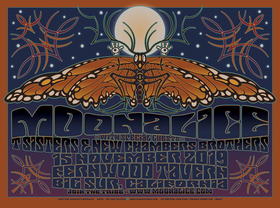 MoonalicePoster's tweet photo. On this day... @Moonalice, T Sisters, New Chambers Brothers at Fernwood Tavern, Big Sur, California poster by @voodoocatbox https://t.co/uqRkVFxD8K #timaph 11/15/19 M1159 #GaryHouston #gigposter https://t.co/IIHiyIVzpV