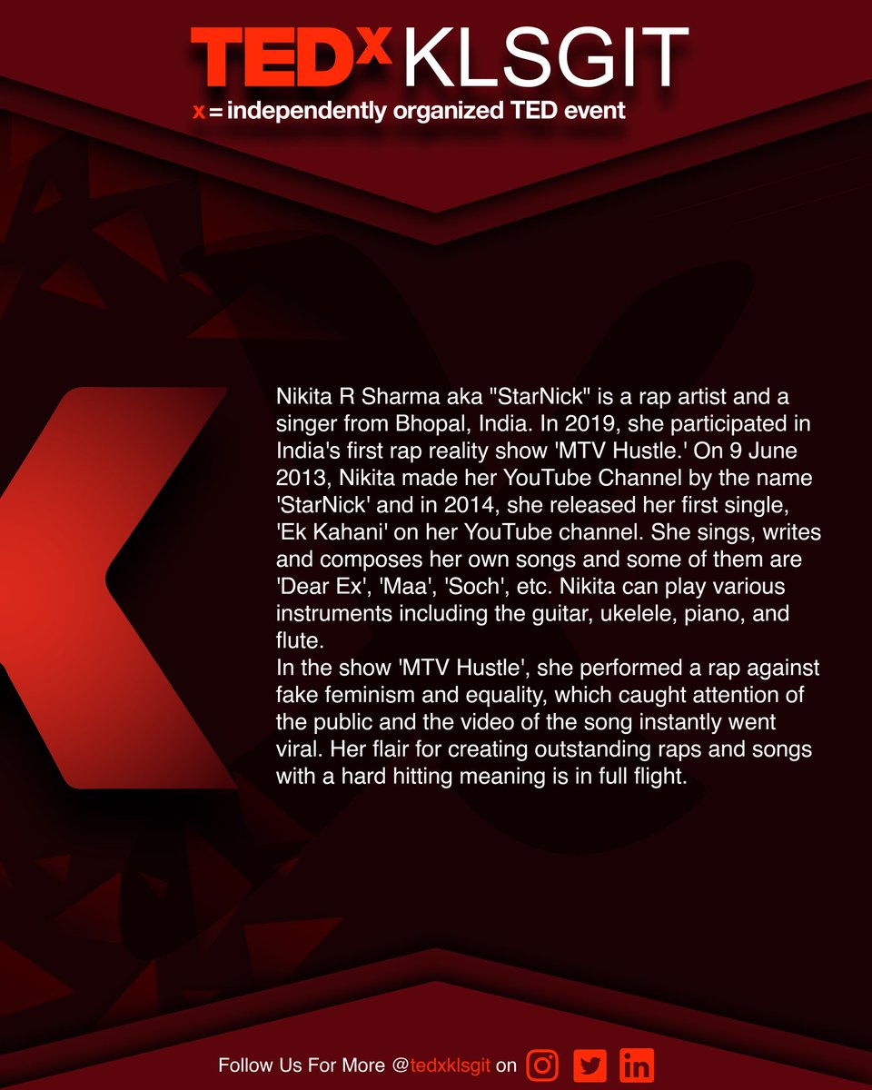 tedxklsgit's tweet photo. Fasten you seat belts and come along on this journey, which will influence you through an empowering line up of talks.
Introducing to you, the 6th speaker of this year's elite panel of TEDxKLSGIT, StarNick / Nikita R Sharma, Rapper, Singer, Writer.

#tedx
#tedxtalks
#tedxklsgit https://t.co/H7bNPD02Rb