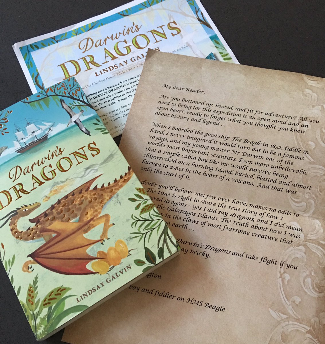Schoolbookclubs's tweet photo. Lovely book post @chickenhsebooks @LindsayGalvin - spending this afternoon with Syms Covington aboard HMS Beagle - searching for dragons #readingforpleasure #Daring #Discovery #DarwinsDragons https://t.co/meglgk4v12