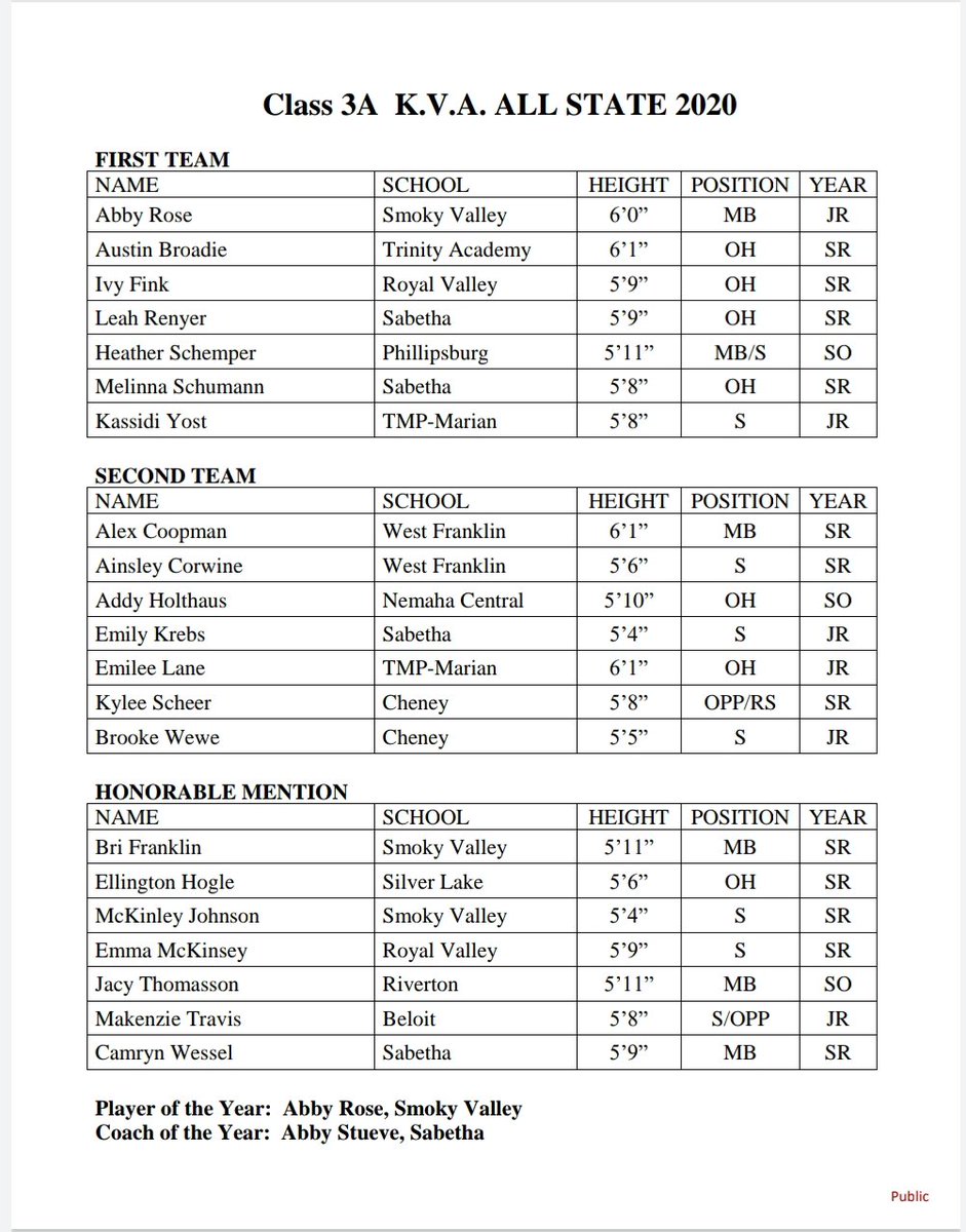 kpreps's tweet photo. Kansas Volleyball Association - 2020 Class 3A All-State Team
#Kpreps https://t.co/C6xgdMubnY