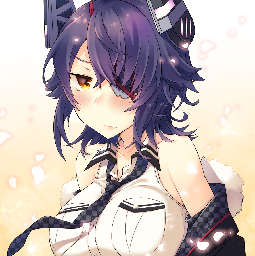 tenryuu (kancolle) 1girl eyepatch solo breasts twitter username purple hair checkered necktie  illustration images