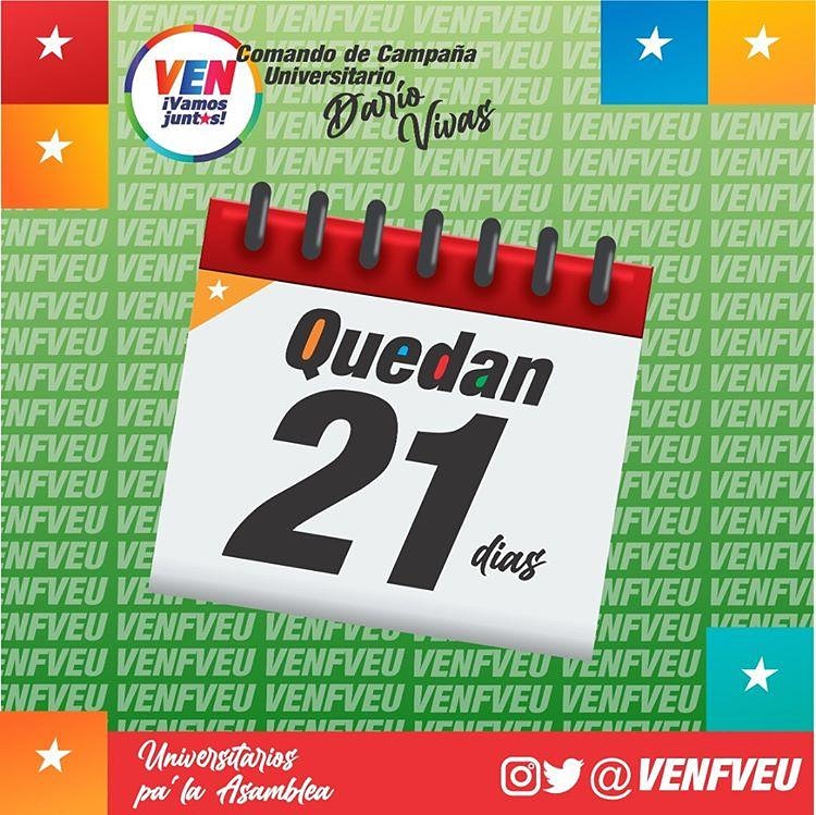 Solo 21  días Nos Separa de la Gran Victoria por ello <a href="/venfveu/">VenFVEU</a> y seamos parte de la Historia JUNTOS!!!

@delcyrodriguezven
@CTrompiz2
@maduroguera
<a href="/rodbexa/">Rodbexa</a>
@fveuoficial
<a href="/kennedymorales9/">🤨📸</a>
<a href="/taniapsuv/">Tania Valentina Díaz</a>
<a href="/venjuventud2020/">Comando de Campaña Juventud DaríoVivas</a>
<a href="/juventudpsuv/">Juventud PSUV</a>
@partidopsubv