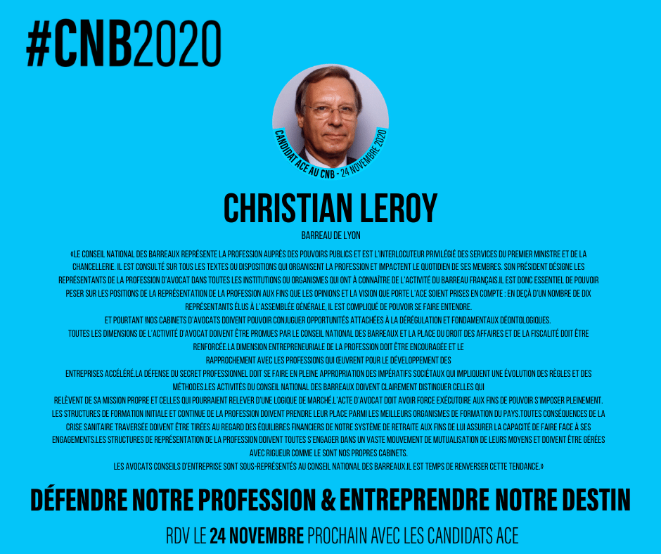 ACEavocats's tweet photo. 👉 Découvrez Christian Leroy, candidat pour l'ACE aux élections du 24 novembre au Conseil National des Barreaux ! 🚀
#CNB2020 #JeVoteACE https://t.co/usLnP0dkUU