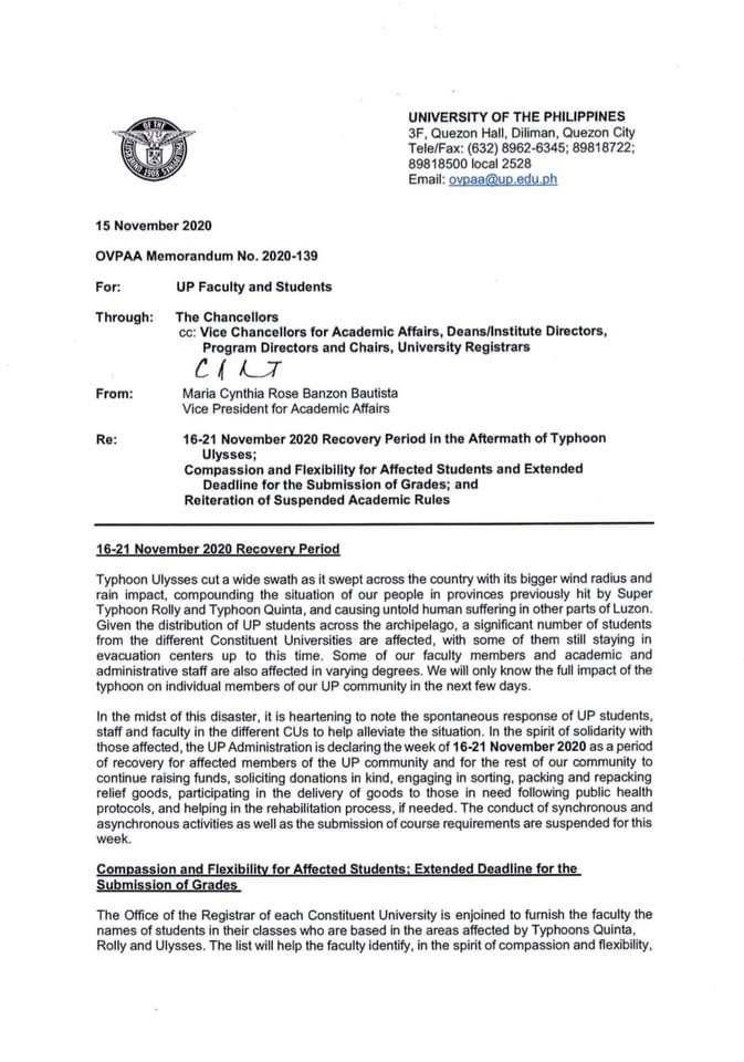 uplbperspective's tweet photo. LOOK: UP Office of Vice President for Academic Affairs (OVPAA) released an official memorandum regarding the declaration of "recovery period" on November 16 to 21, according to report of UP Office of Student Regent (UP OSR).
#WalangIwananUP
#EndSemesterNow https://t.co/GQc3zevRse