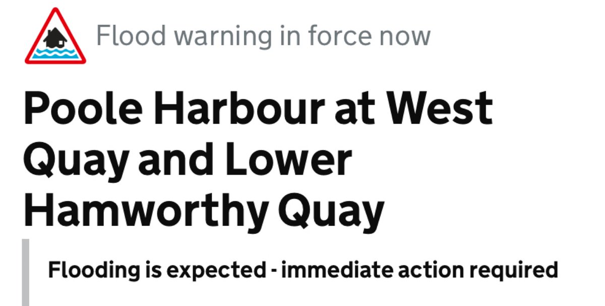 The Environment Agency has issued a Flood Warning for Poole Harbour covering West Quay and Lower Hamworthy Quay. Please review advice on their website orlo.uk/i22li

Flood Alerts remain in place for the rest of our coastline so please all do take care.