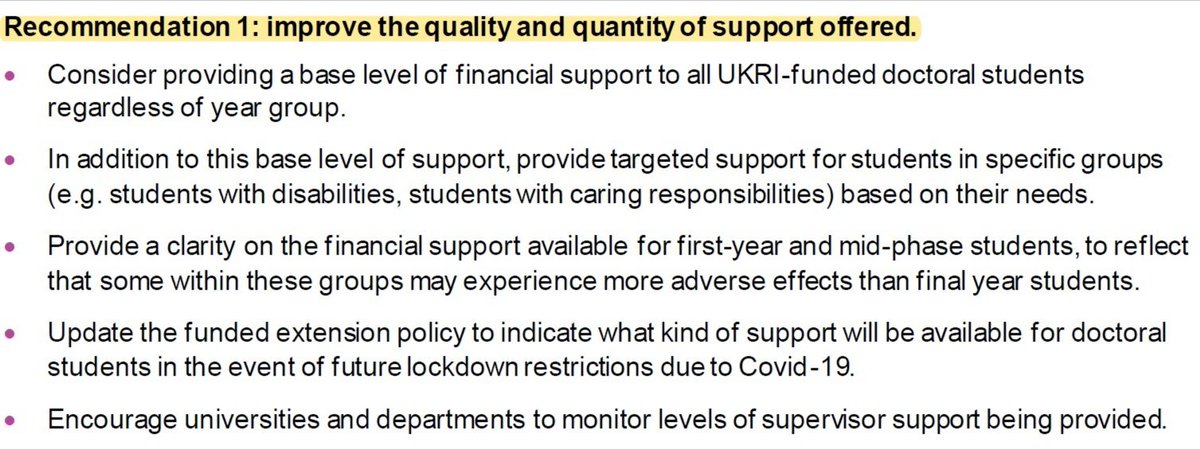 UKRI ignored every recommendation in the NatCen report. Rec.1: More & Better support. NO base level of financial support for all PGRs. NO targeted support for students with specific needs. NO clarity on support for non final year PGRs. NO clarity on support in future lockdowns.