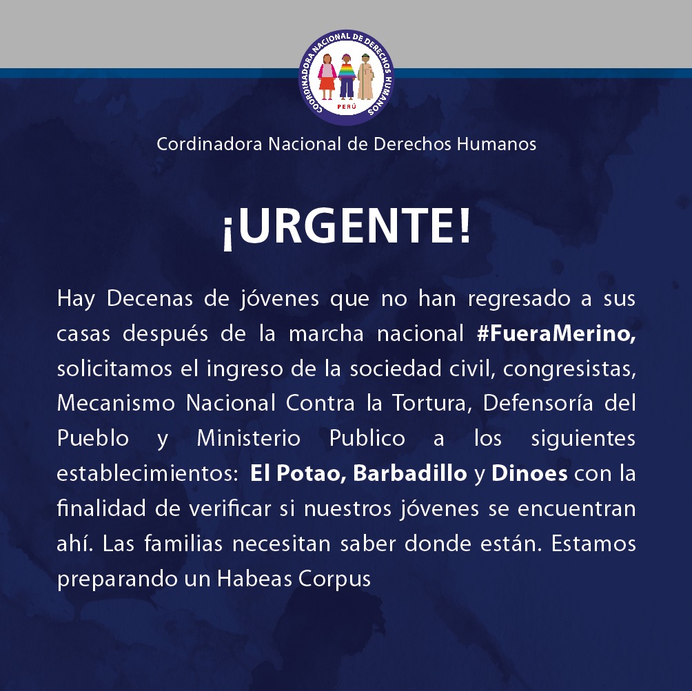 cnddhh's tweet photo. 🚨#URGENTE 
📌Solicitamos a las Fuerzas Armadas, @PoliciaPeru @MininterPeru, Ministerio de defensa, permita el ingreso de una comisión a los cuarteles Potao, Barbadillo y la Dinoes. Decenas de jóvenes no han regresado a sus casas. 

📄Estamos preparando un Habeas Corpus https://t.co/zS0hMe6pu0