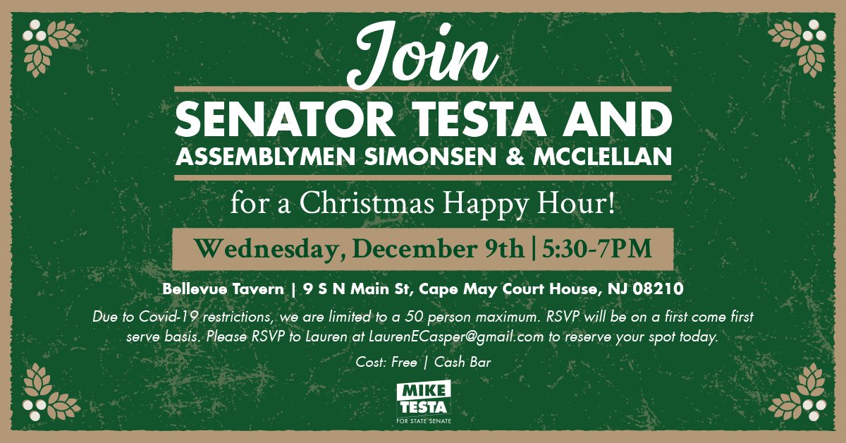 TestaForNJ's tweet image. Join Senator Testa and Assemblymen Simonsen &amp;amp; McClellan on Wednesday, December 9th for a Happy Hour at the Bellevue Tavern. We will be collecting gifts for local children in need—click below to pledge to bring a gift ⬇️  RSVP today! #TeamTesta #LD1
testafornj.com/join-us-for-a-…