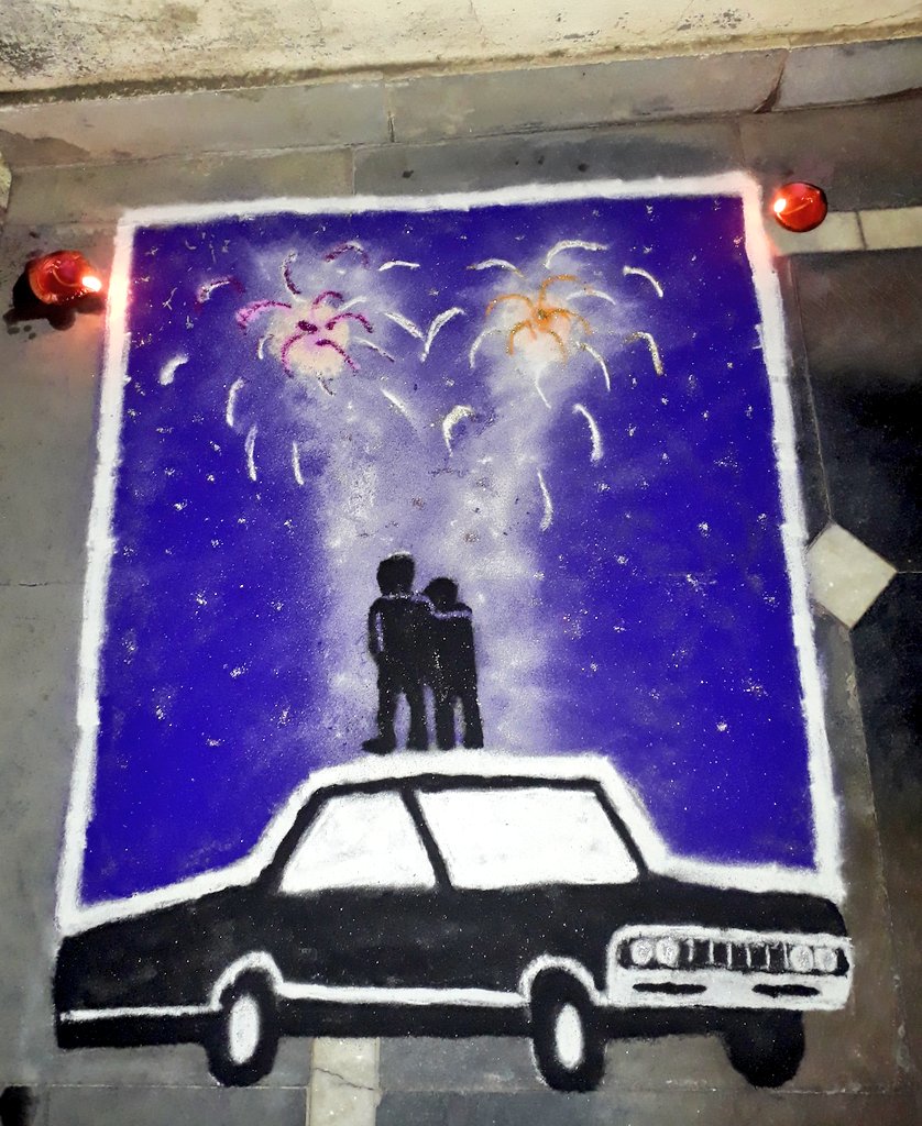 SPN_Leeza's tweet photo. We're Celebrating Diwali in India &amp; @cw_spn released the latest episode at the same time. Being sad about my favorite show ending😭 couldn't help myself from reflecting #Spn in the traditional Rangoli made at #Diwali will miss my boys alot❤ @therealKripke @JensenAckles @jarpad https://t.co/3x3qGOCk3r