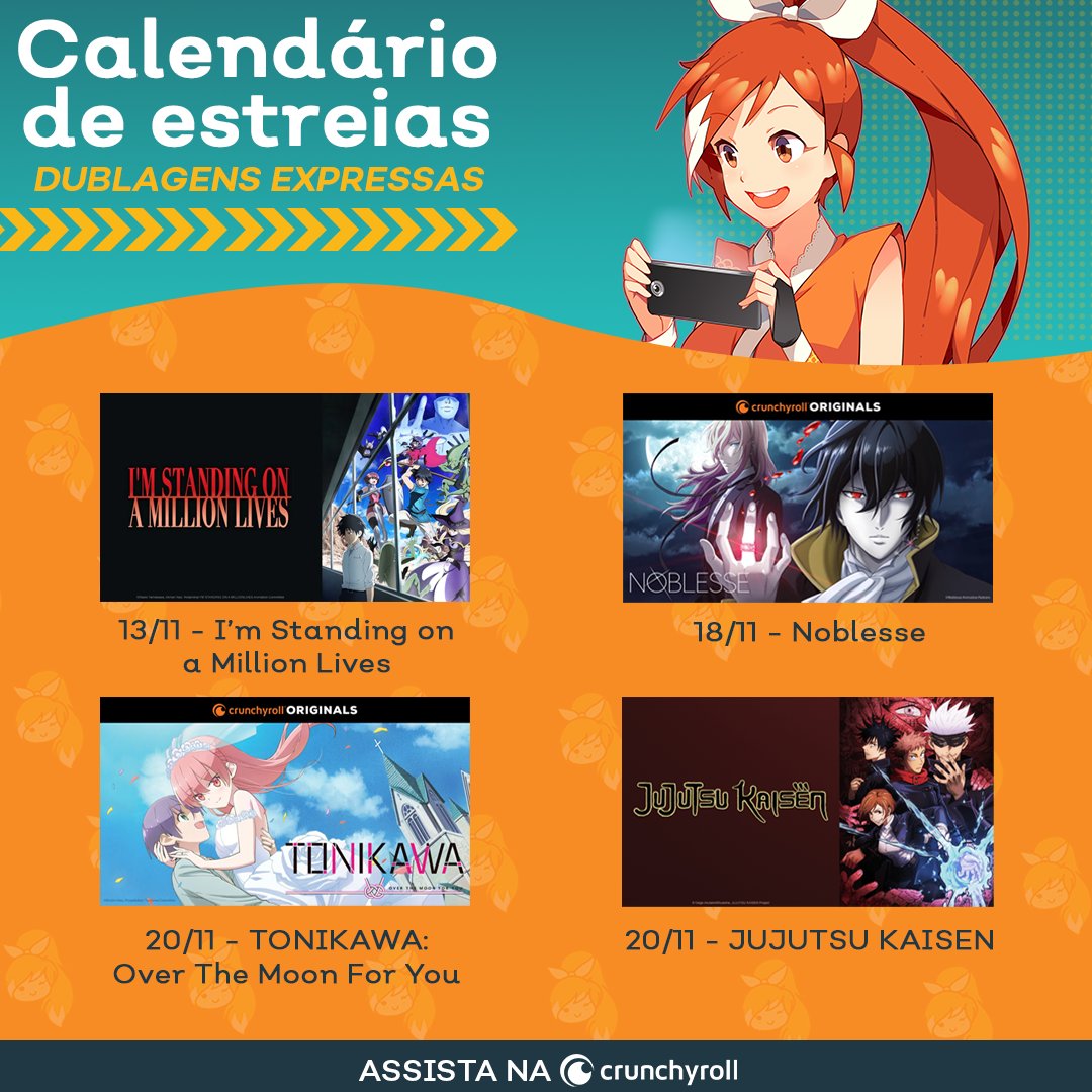 Crunchyroll Brasil ✨ on X: Os seus animes favoritos da temporada com ⏩  DUBLAGENS EXPRESSAS! ⏩ ⠀⠀⠀⠀⠀⠀⠀⠀⠀ ~✨ Confira nosso calendário de lançamento:   / X