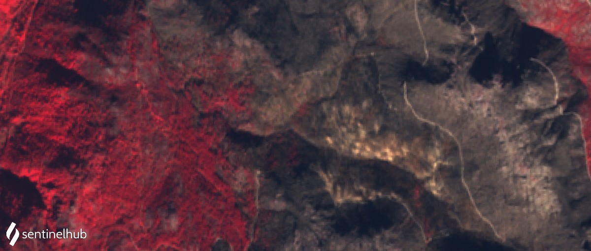 Selvicultura's tweet photo. Tratamiento de #helimulching en zona ardida de #Lobios #Xurés captado el 13/11/2020 por imagen infrarroja de #Sentinel2 @CopernicusEMS https://t.co/myrcgTzagk