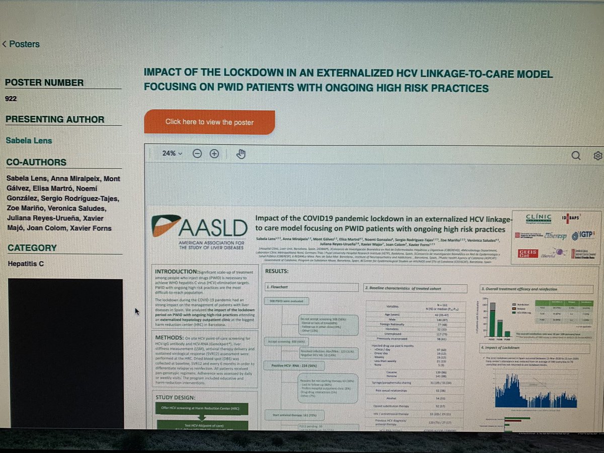 Check out our data about the impact of strict covid19 lockdown in an externalized model aiming to achieve #hcv microelimination in🇪🇸:⬇️screening, 🕥delayed 💊 initiation,modification of consumption habits🦠@AASLDtweets @BCVirHep @ElisaMartro @zoe_marino @SergioRTajes (poster#922)