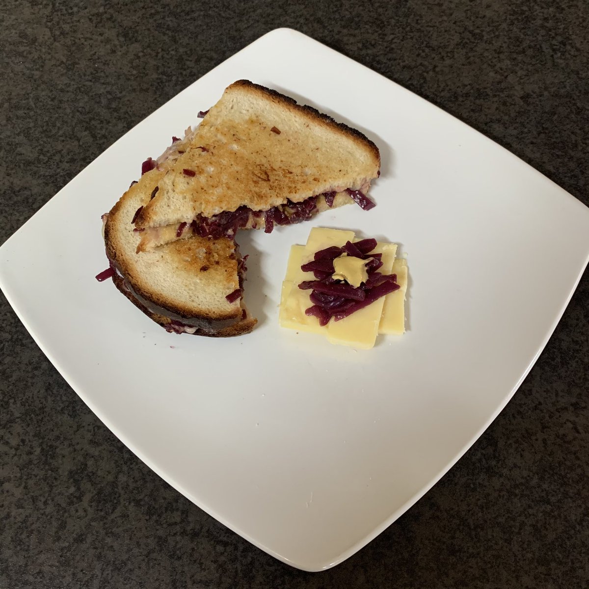 AchesonBeth's tweet photo. I was able to make a Grilled Cheese &amp; Red Cabbage Sandwich, which included Dijon mustard and cider vinegar, with the nearly out of date red cabbage provided by @DrAmyBurns in order to try and reduce food waste. #CMFI #CMFIUUBS https://t.co/PgJA3ArOfN