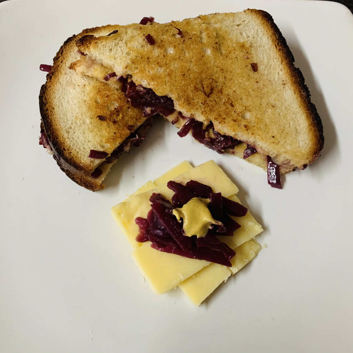 AchesonBeth's tweet photo. I was able to make a Grilled Cheese &amp; Red Cabbage Sandwich, which included Dijon mustard and cider vinegar, with the nearly out of date red cabbage provided by @DrAmyBurns in order to try and reduce food waste. #CMFI #CMFIUUBS https://t.co/PgJA3ArOfN