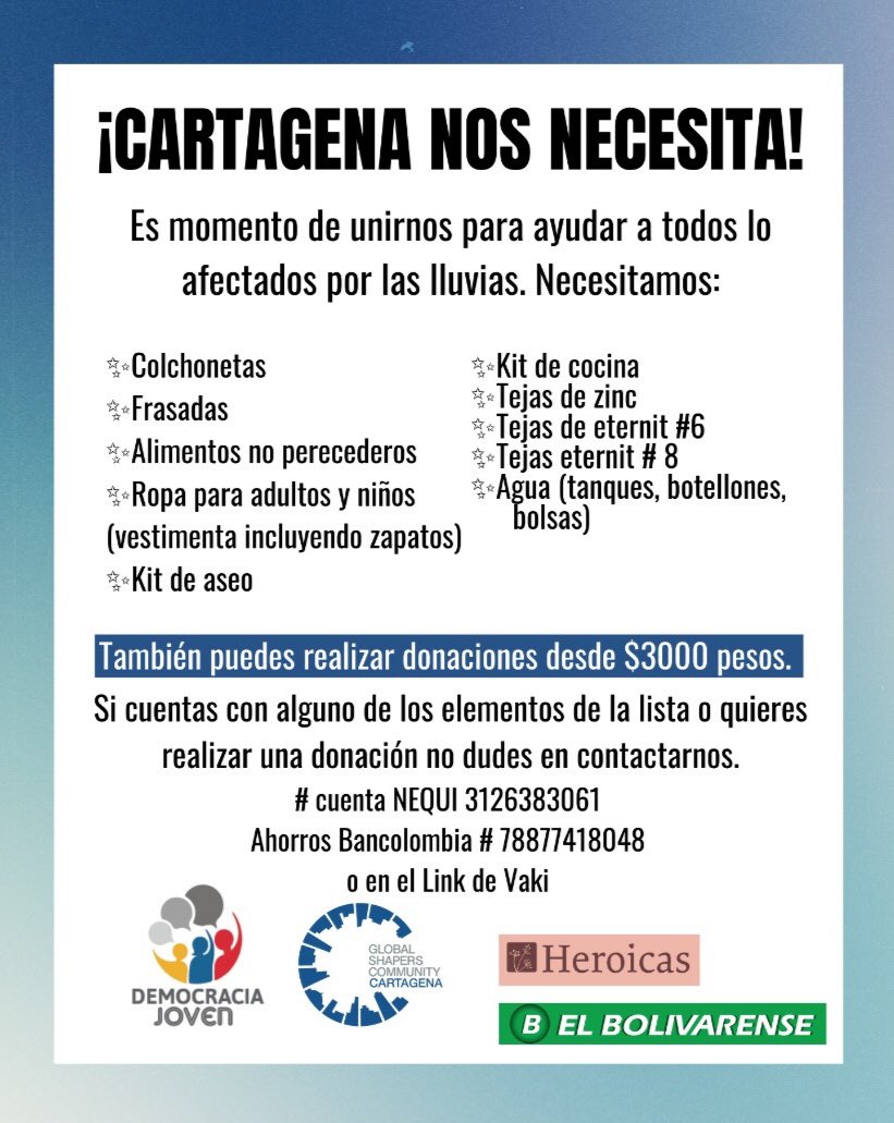 Nos hemos unido con algunas  fundaciones e iniciativas de la ciudad para apoyar como Shapers a los afectados por la tormenta IOTA en nuestra ciudad, Cartagena. Son Miles de familias damnificadas.🙏