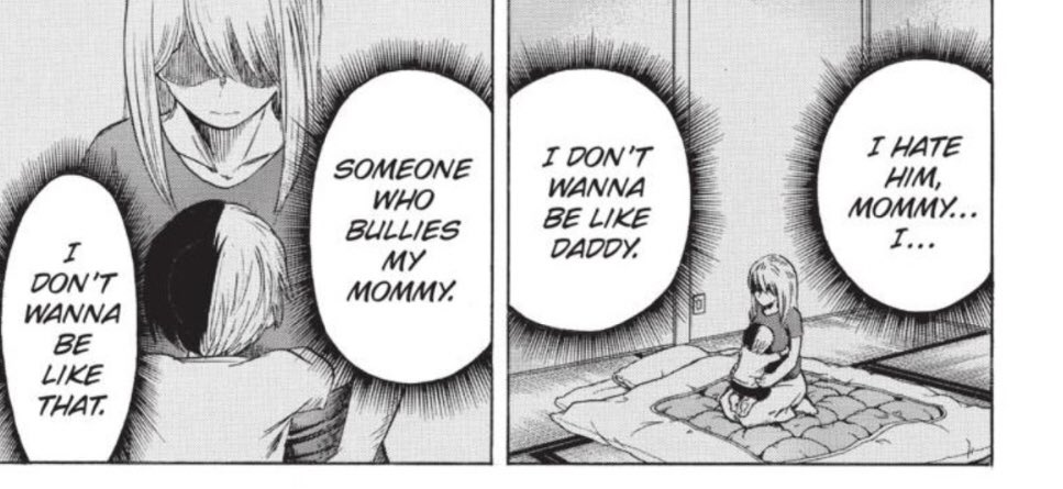 Please also note that there was no hint (yet) of Enji physically abusing Touya, Fuyumi, and Natsuo in the story. It was explicitly shown that he physically abuse Shouto during training, and abused Rei for trying to get in the way of the training.