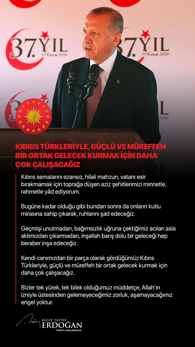 tcbestepe's tweet photo. Cumhurbaşkanı @RTErdogan: “Kendi canımızdan bir parça olarak gördüğümüz Kıbrıs Türkleriyle, güçlü ve müreffeh bir ortak gelecek kurmak için daha çok çalışacağız.” https://t.co/Gj3k4mlk0e