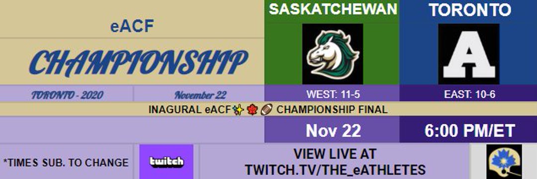 eAthletes_eACF's tweet photo. Inaugural eACF Championship!🎆🍁🏈

Next Sunday!!!

🎟 #Saskatchewan Broncos (11-5)
@ #Toronto Admirals (10-6)

WR Dubois 🎆 (SSK);
QB Masterpiece 🎆 (TOR)

🎮#eSports @MaxFootballGame
#CFL #Riderville #PullTogether #PS4Live #Twitch #CanadianFootball #SupportSmallStreamers
🎆🍁🏈 https://t.co/89CWmZtj5E