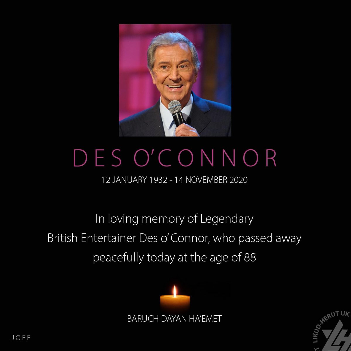 LikudUK's tweet photo. Very sad to hear of Jewish Entertainer Des o'Connor's passing...
#Desoconner https://t.co/GzNRk9pODs